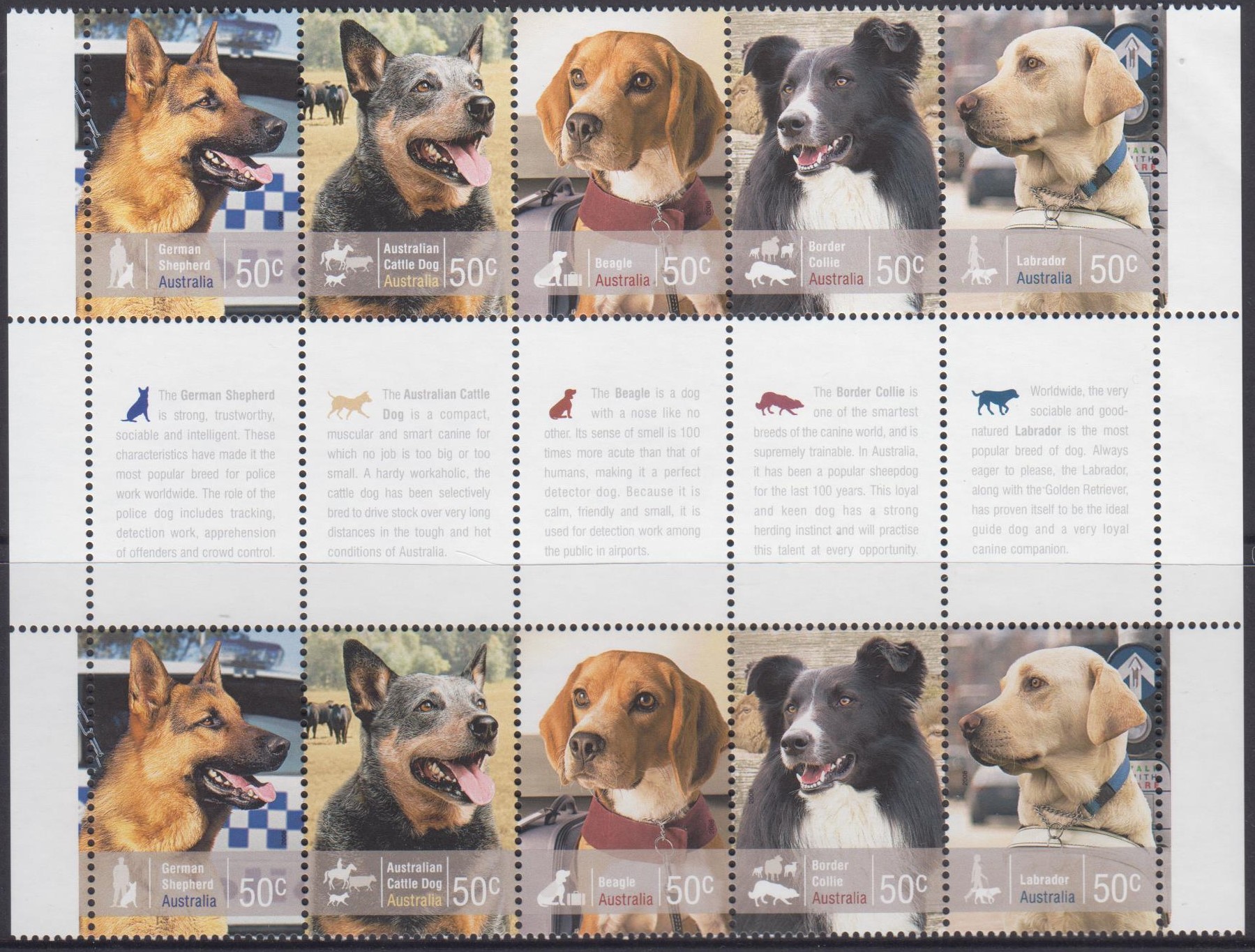 2008 Working Dogs Gutter Strip MUH - Peter Walters Stamps